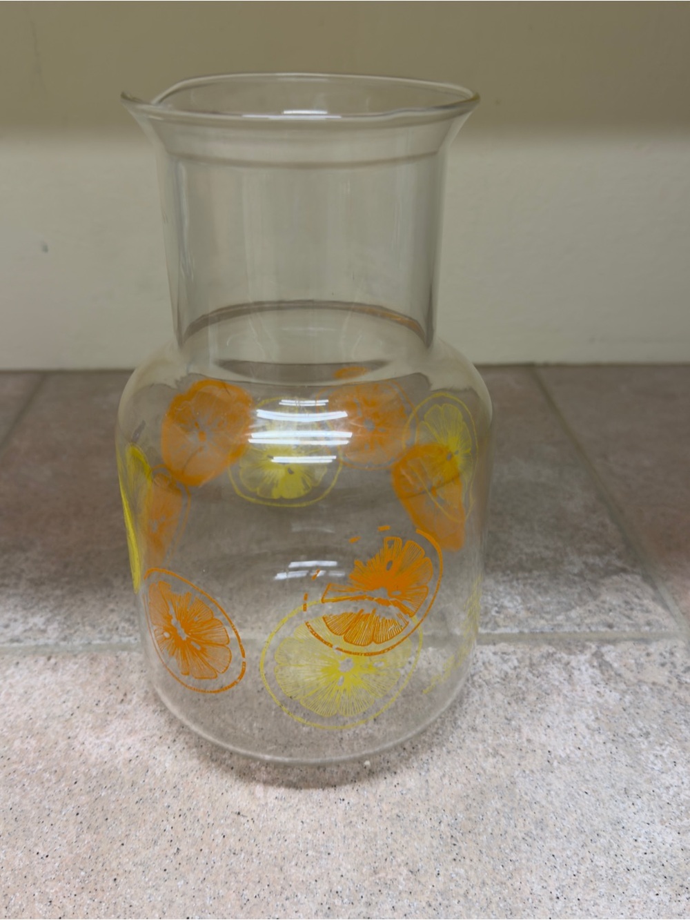 Vintage Pyrex Clear Glass Pitcher with Orange and Yellow Citrus Motif